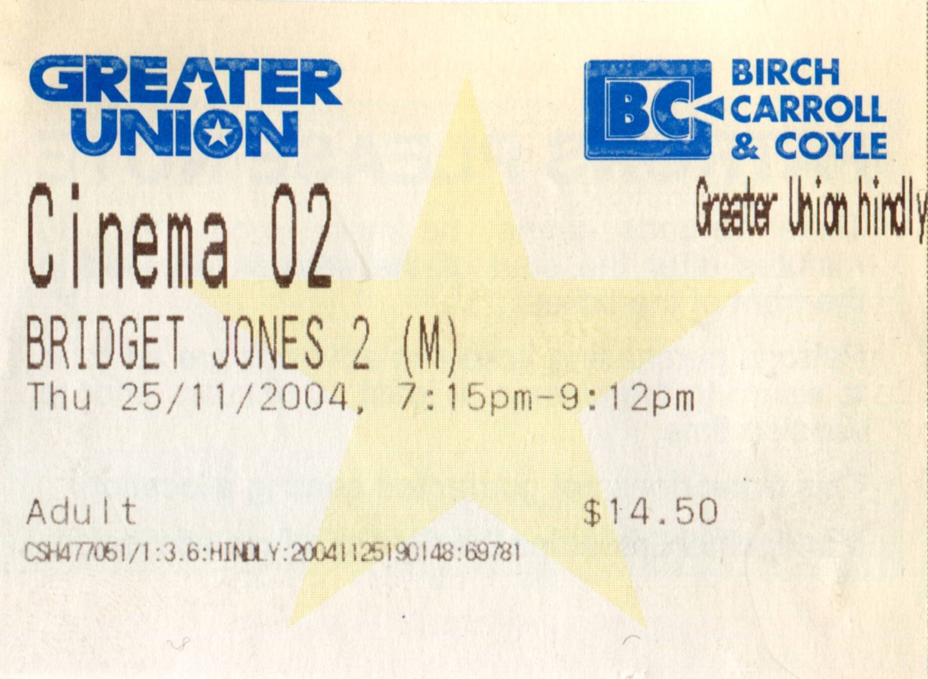Ticket to see the film &ldquo;Bridget Jones 2&rdquo;