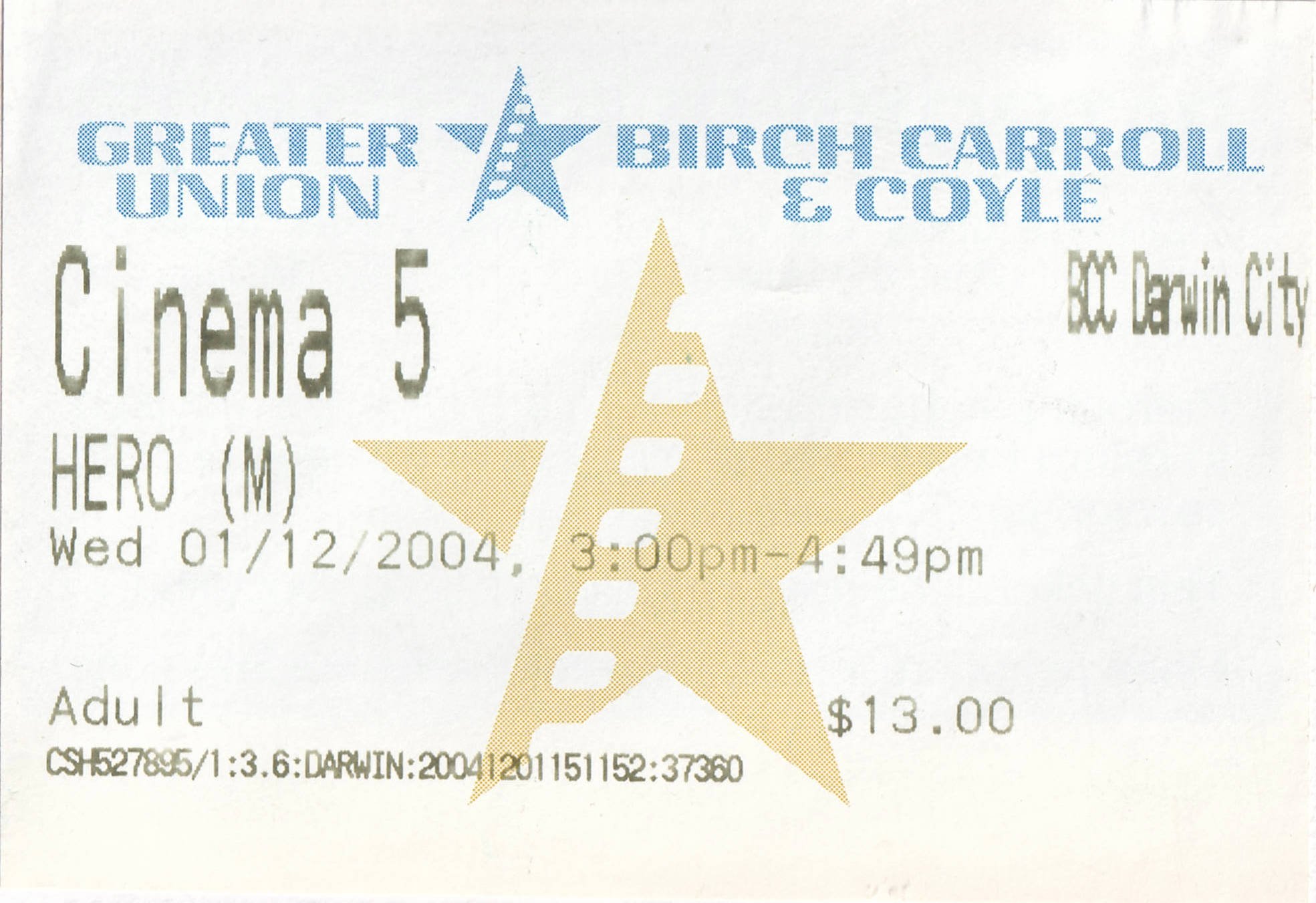 Ticket to see the film &ldquo;Hero&rdquo;